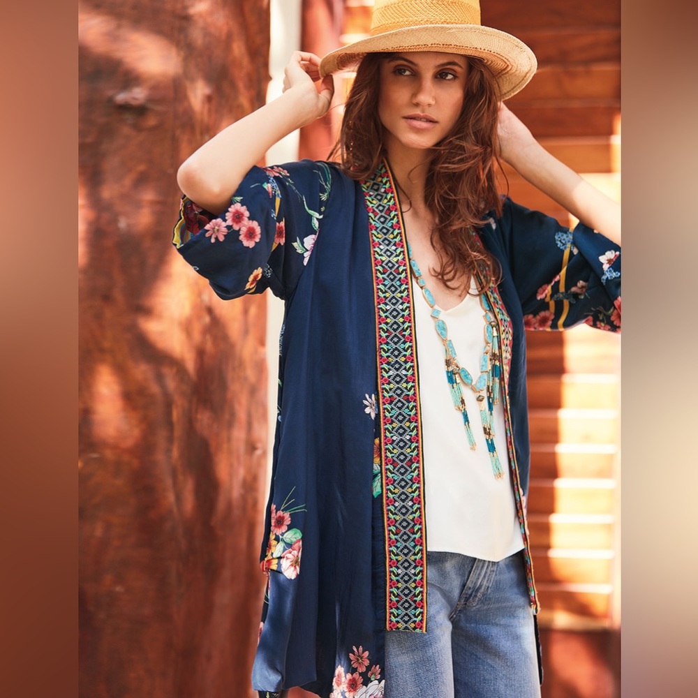 NWT JOHNNY WAS Maci Floral Georgette Reversible Kimono w/ Embroidered Trim